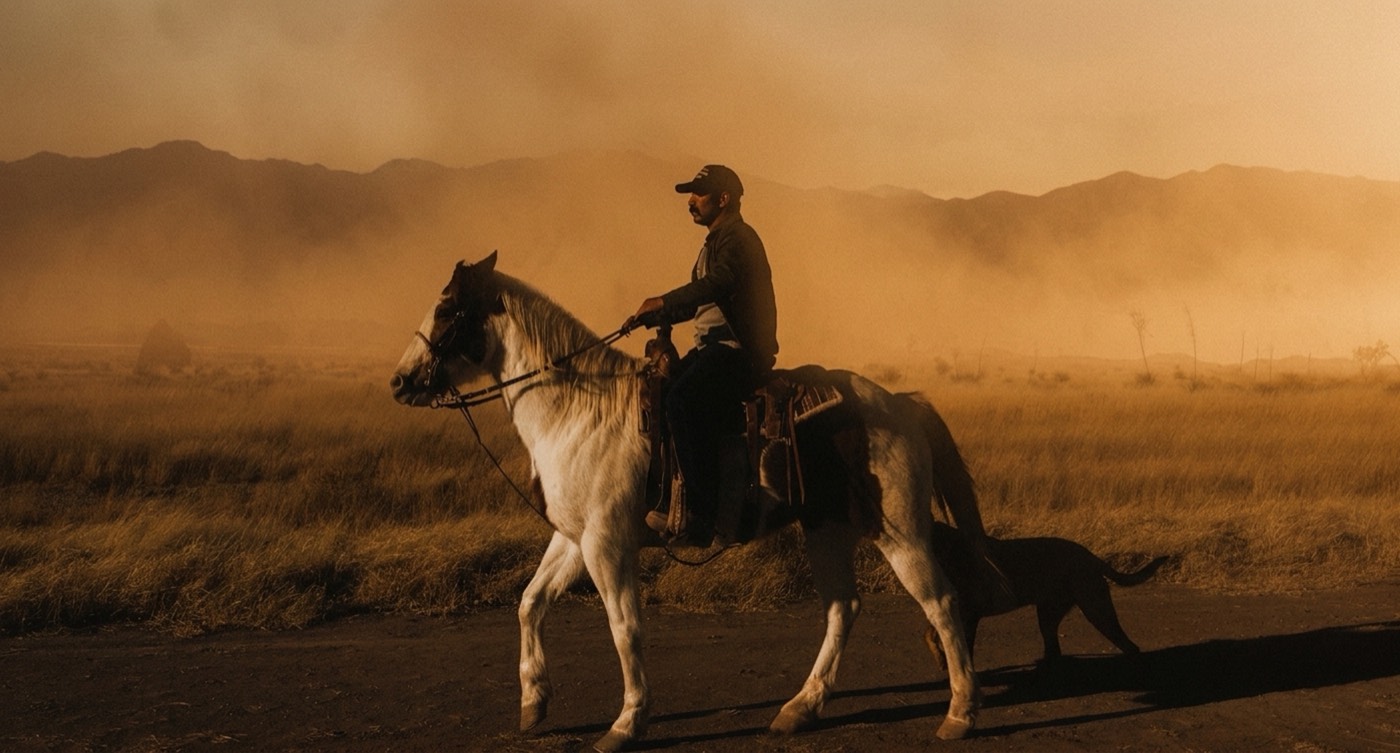Dust and low sun. The look leans sepia without going muddy, and the haze keeps its depth.